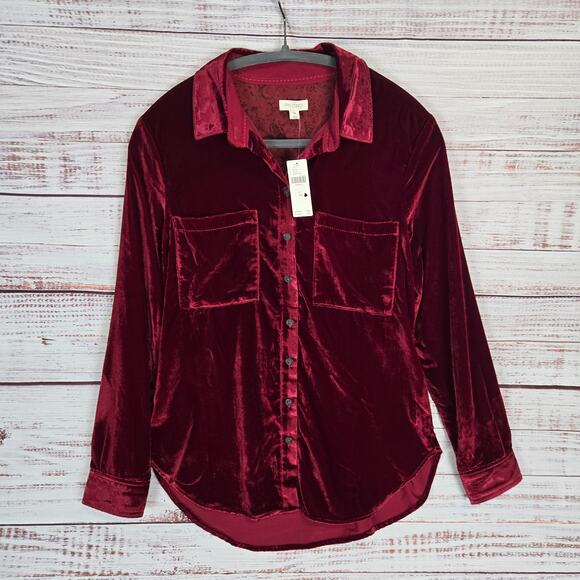 Anthropologie Pilcro Hadley Crushed Red Velvet Button Shirt XS Top Soft Warm NWT - Picture 1 of 14